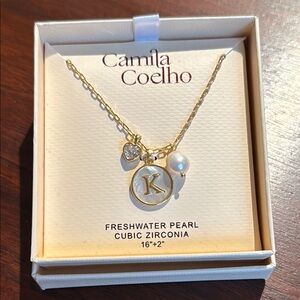Camila Coelho Gold K Initial Necklace with Freshwater Pearl